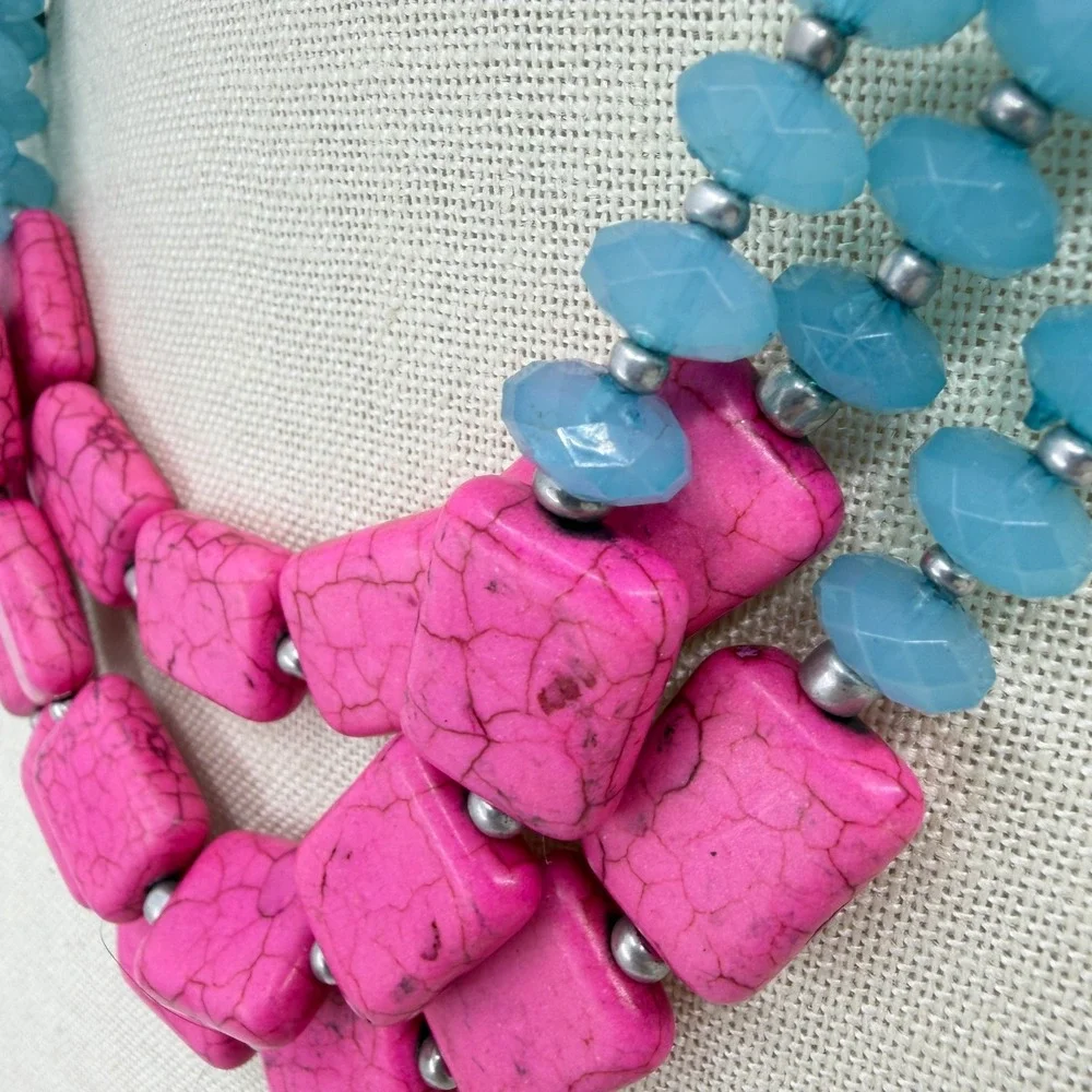 Hot Pink Turquoise Blue Bead Triple Strand Necklace Chunky Boho Statement Gift